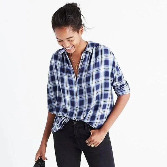 Madewell Womens Size Xsmall Central  Lansford Plaid Blue Long Sleeve - Picture 1 of 13
